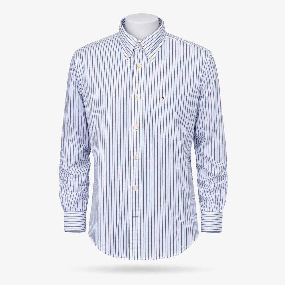 TOMMY HILFIGER Classic Men's Blue Pinstripe Long Sleeve Dress Shirt XL 100% Cot